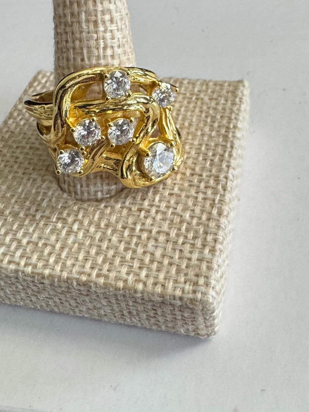 925 Gold tone Bold Swirl Statement Ring with 6 Beautiful Crystal Stones